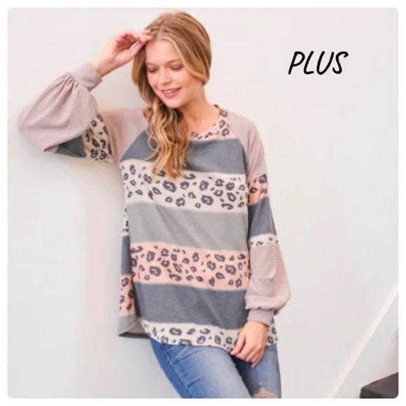 New!! Puff Sleeve Diamond Ribbed Leopard Top Plus Size! - Picture 1 of 9